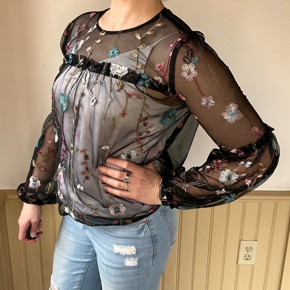 Black Sheer Embroidered Fairy Top M Puff Sleeve Whimsigoth Festival Romantic
